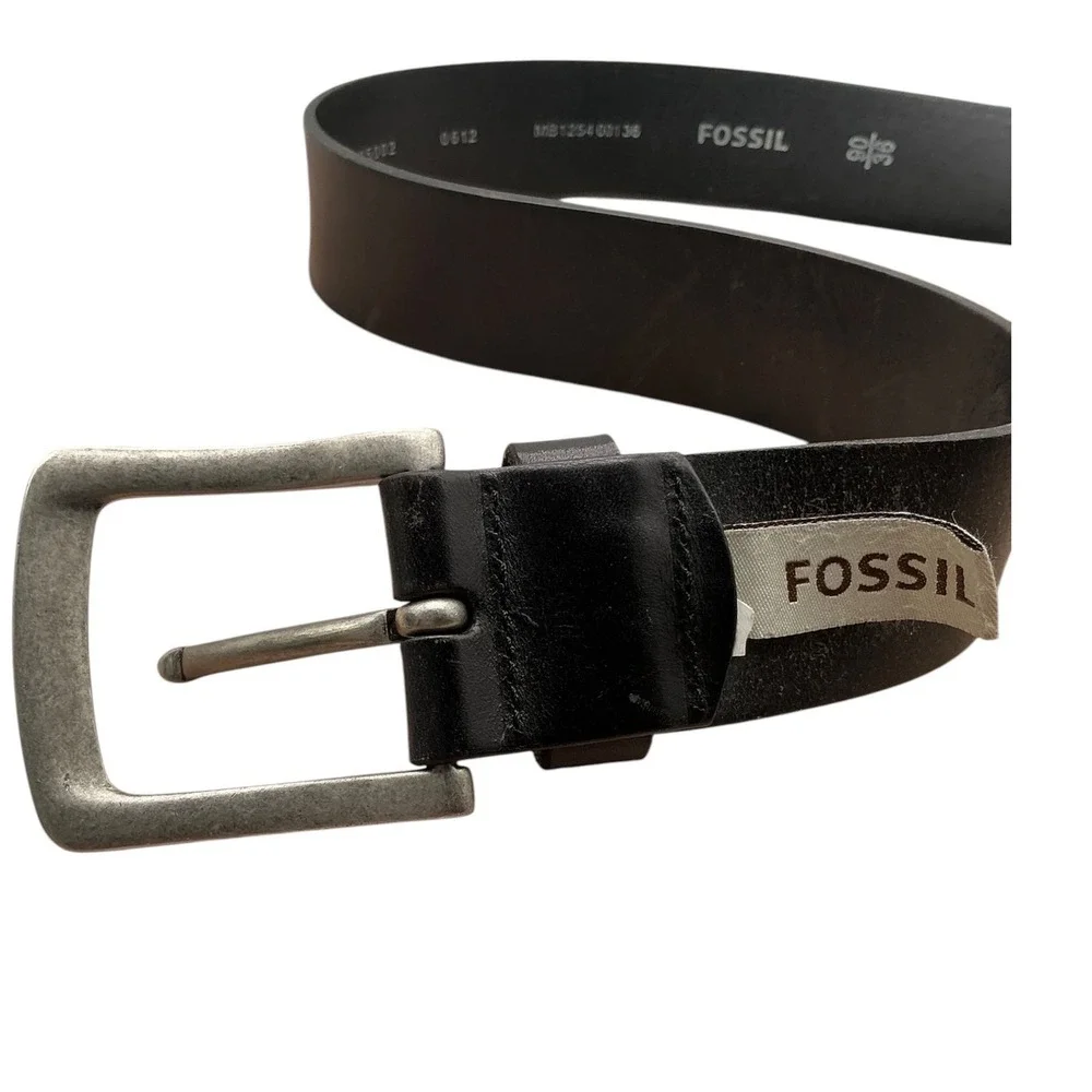 Fossil Mens‎ Black Leather Belt Brushed Silver Buckle Size 36 MB125400136